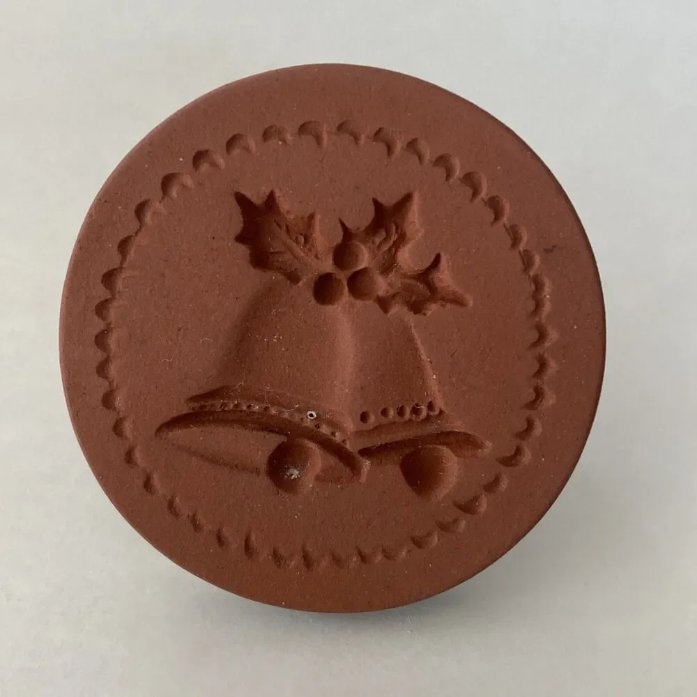 Rycraft Cookie Stamp Christmas Bells Terra Cotta 2” Round Handle Green Glaze